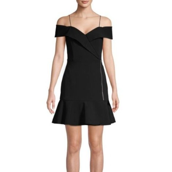 NWT Alice + Olivia Women's Black Dash Cold-Shoulder Flounce Dress Sz 4 1939 - Picture 3 of 15